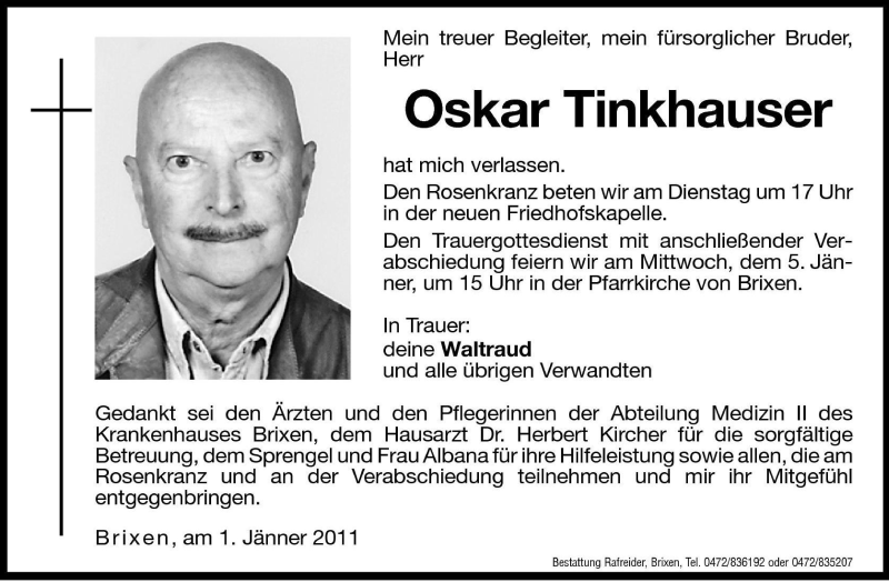  Traueranzeige für Oskar Tinkhauser vom 03.01.2011 aus Dolomiten