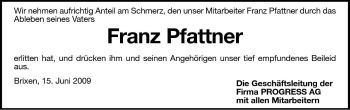 Traueranzeige von Franz Pfattner von Dolomiten