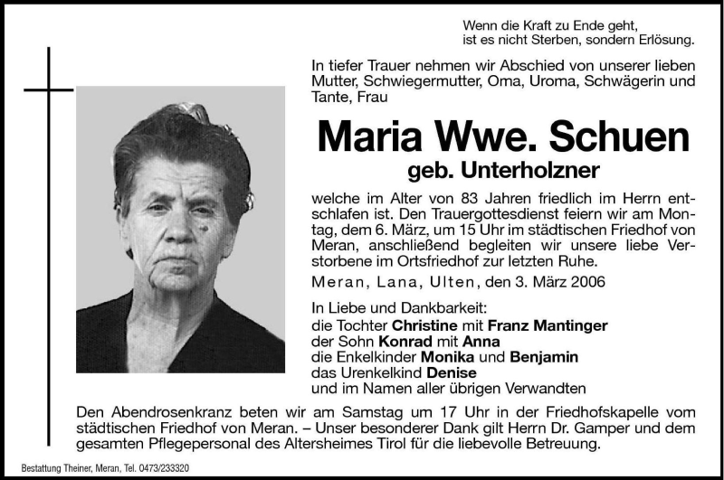  Traueranzeige für Maria Schuen vom 03.03.2006 aus Dolomiten