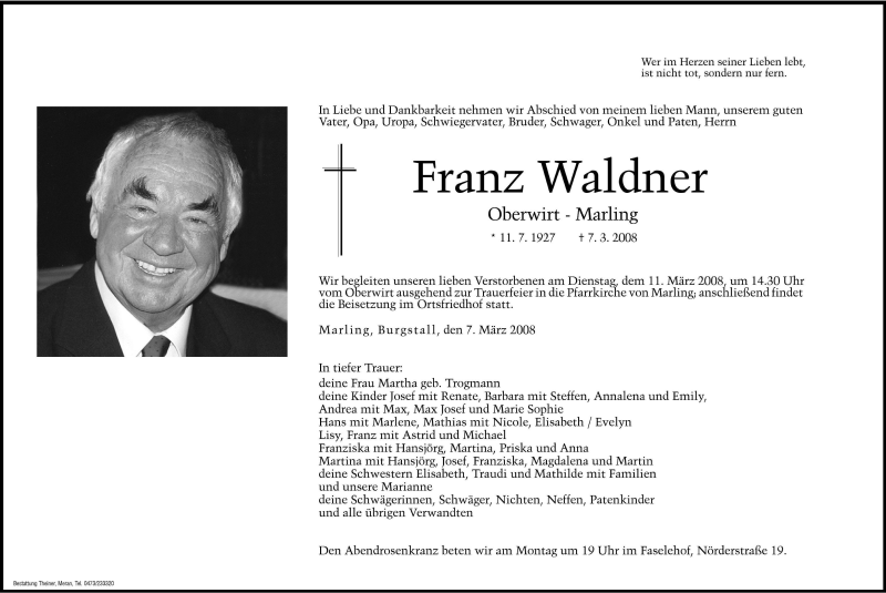  Traueranzeige für Franz Waldner vom 10.03.2008 aus Dolomiten