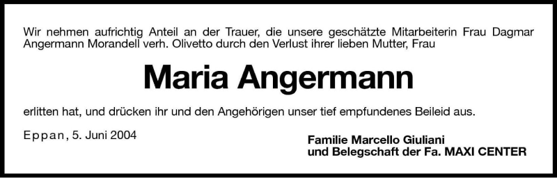  Traueranzeige für Maria Angermann vom 05.06.2004 aus Dolomiten