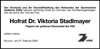 Traueranzeige von Viktoria Stadlmayer von Dolomiten