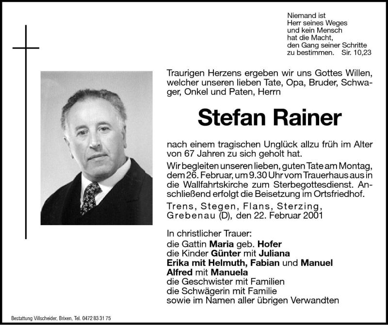  Traueranzeige für Stefan Rainer vom 24.02.2001 aus Dolomiten