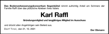 Traueranzeige von Karl Raffl von Dolomiten