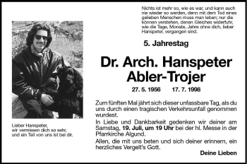 Traueranzeige von Hanspeter Abler-Trojer von Dolomiten