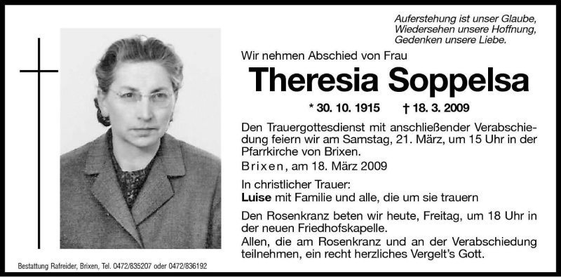  Traueranzeige für Theresia Soppelsa vom 20.03.2009 aus Dolomiten