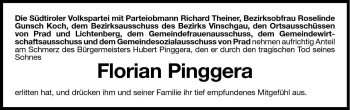 Traueranzeige von Florian Pinggera von Dolomiten