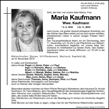 Traueranzeige von Maria Kaufmann von Dolomiten