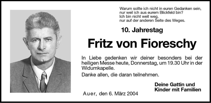  Traueranzeige für Fritz von Fioreschy vom 06.05.2004 aus Dolomiten
