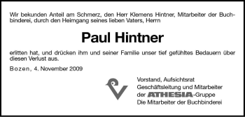Traueranzeige von Paul Hintner von Dolomiten