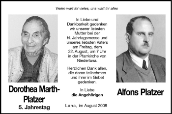 Traueranzeige von Dorothea Platzer von Dolomiten