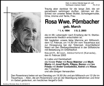 Traueranzeige von Rosa Pörnbacher von Dolomiten