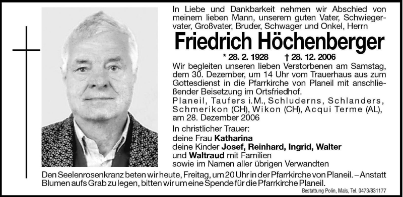  Traueranzeige für Friedrich Höchenberger vom 29.12.2006 aus Dolomiten