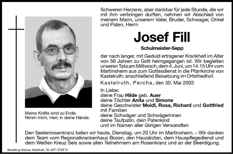  Traueranzeige für Josef Fill vom 03.06.2003 aus Dolomiten