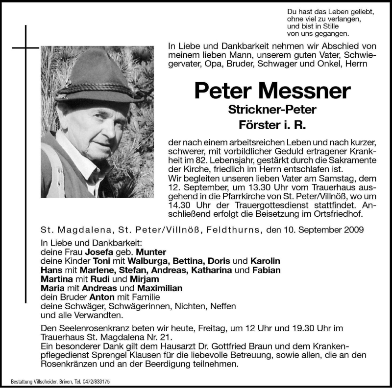  Traueranzeige für Peter Messner vom 11.09.2009 aus Dolomiten