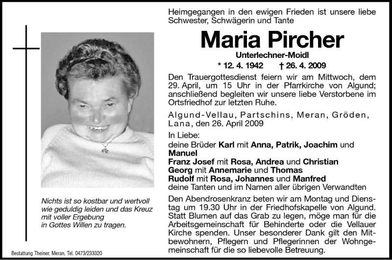  Traueranzeige für Maria Pircher vom 27.04.2009 aus Dolomiten