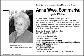 Traueranzeige von Anna Sommariva von Dolomiten