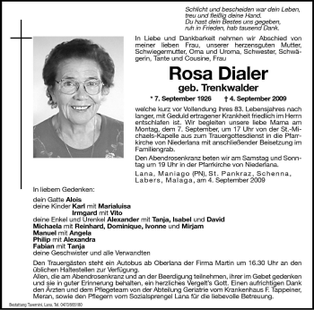 Traueranzeige von Rosa Dialer von Dolomiten