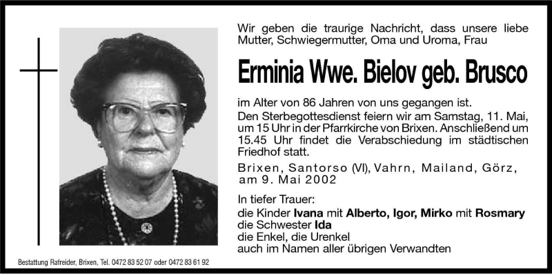  Traueranzeige für Erminia Bielov vom 10.05.2002 aus Dolomiten