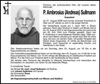 Traueranzeige von P. Ambrosius (Andreas) Sullmann von Dolomiten