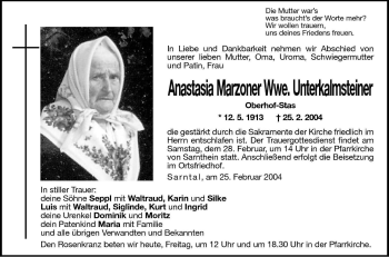 Traueranzeige von Anastasia Unterkalmsteiner von Dolomiten