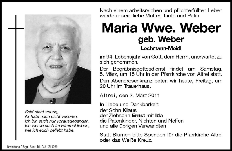  Traueranzeige für Maria Weber vom 04.03.2011 aus Dolomiten