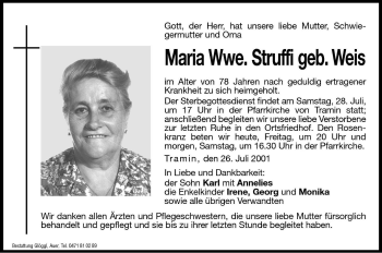 Traueranzeige von Maria Struffi von Dolomiten