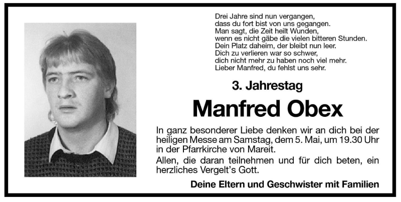  Traueranzeige für Manfred Obex vom 04.05.2001 aus Dolomiten