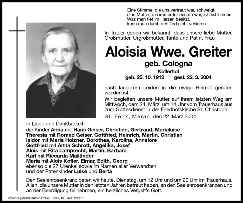  Traueranzeige für Aloisia Greiter vom 23.03.2004 aus Dolomiten