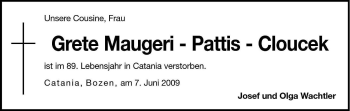 Traueranzeige von Grete Maugeri-Pattis-Cloucek von Dolomiten