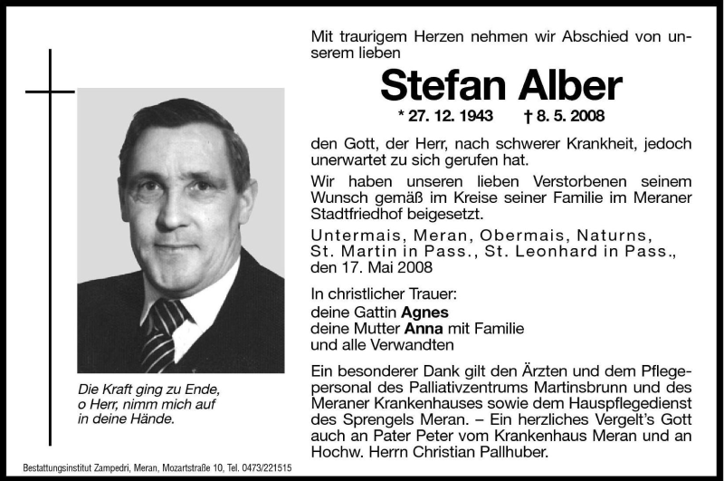  Traueranzeige für Stefan Alber vom 17.05.2008 aus Dolomiten