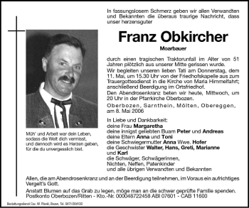 Traueranzeige von Franz Obkircher von Dolomiten