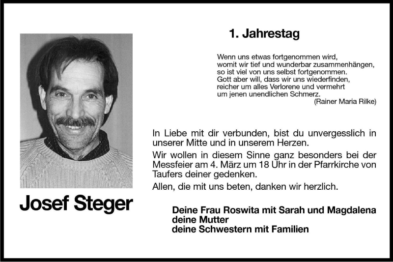  Traueranzeige für Josef Steger vom 01.03.2001 aus Dolomiten