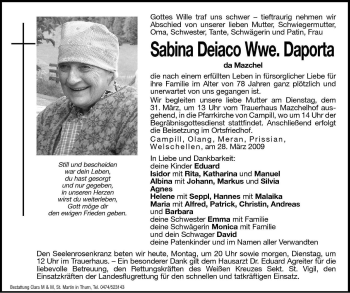 Traueranzeige von Sabina Daporta von Dolomiten