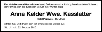 Traueranzeige von Anna Kasslatter von Dolomiten