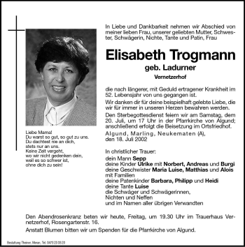 Traueranzeige von Elisabeth Trogmann von Dolomiten