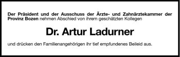 Traueranzeige von Artur Ladurner von Dolomiten