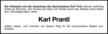 Traueranzeige von Karl Prantl von Dolomiten