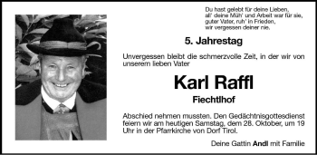 Traueranzeige von Karl Raffl von Dolomiten