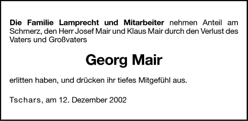  Traueranzeige für Georg Mair vom 13.12.2002 aus Dolomiten