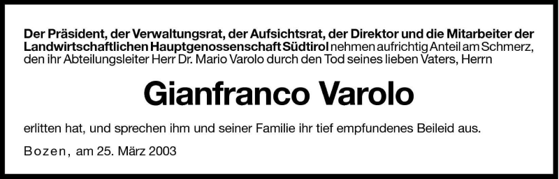  Traueranzeige für Gianfranco Varolo vom 26.03.2003 aus Dolomiten