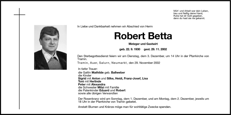  Traueranzeige für Robert Betta vom 30.11.2002 aus Dolomiten