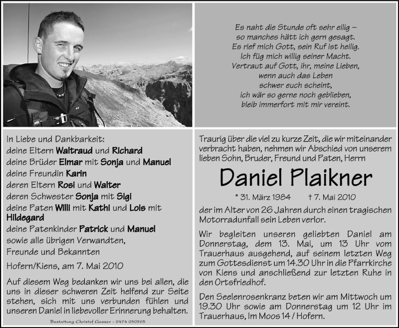  Traueranzeige für Daniel Plaikner vom 12.05.2010 aus Dolomiten