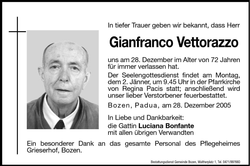  Traueranzeige für Gianfranco Vettorazzo vom 31.12.2005 aus Dolomiten