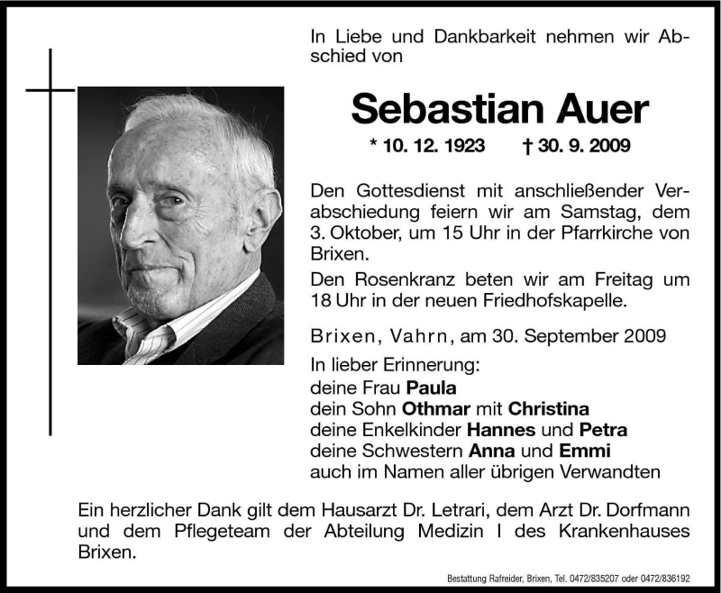  Traueranzeige für Sebastian Auer vom 02.10.2009 aus Dolomiten