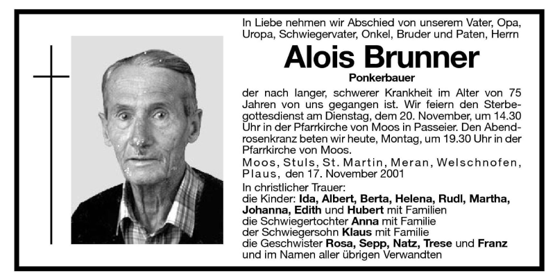  Traueranzeige für Alois Brunner vom 19.11.2001 aus Dolomiten