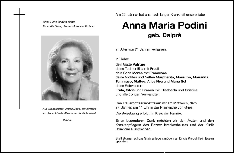  Traueranzeige für Anna Maria Podini vom 25.01.2010 aus Dolomiten