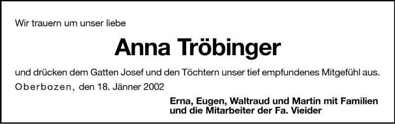  Traueranzeige für Anna Tröbinger vom 18.01.2002 aus Dolomiten