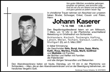 Traueranzeige von Johann Kaserer von Dolomiten