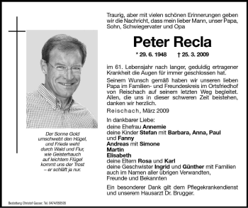 Traueranzeige von Peter Recla von Dolomiten